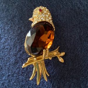 Joan Rivers Perched Bird Amber Crystal Head Brooch